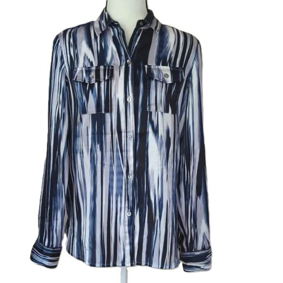 Jones New York Signature Size 1X Vertical Artsy Blue & White Striped Blouse - Picture 1 of 9